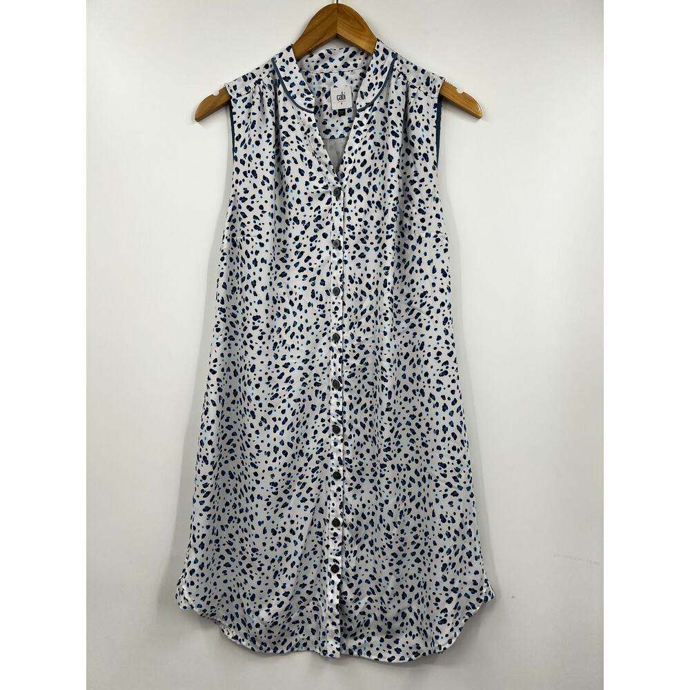 Cabi Dress 5233 Camilla White Blue Leopard Animal Print Sleeveless Shirt Size S